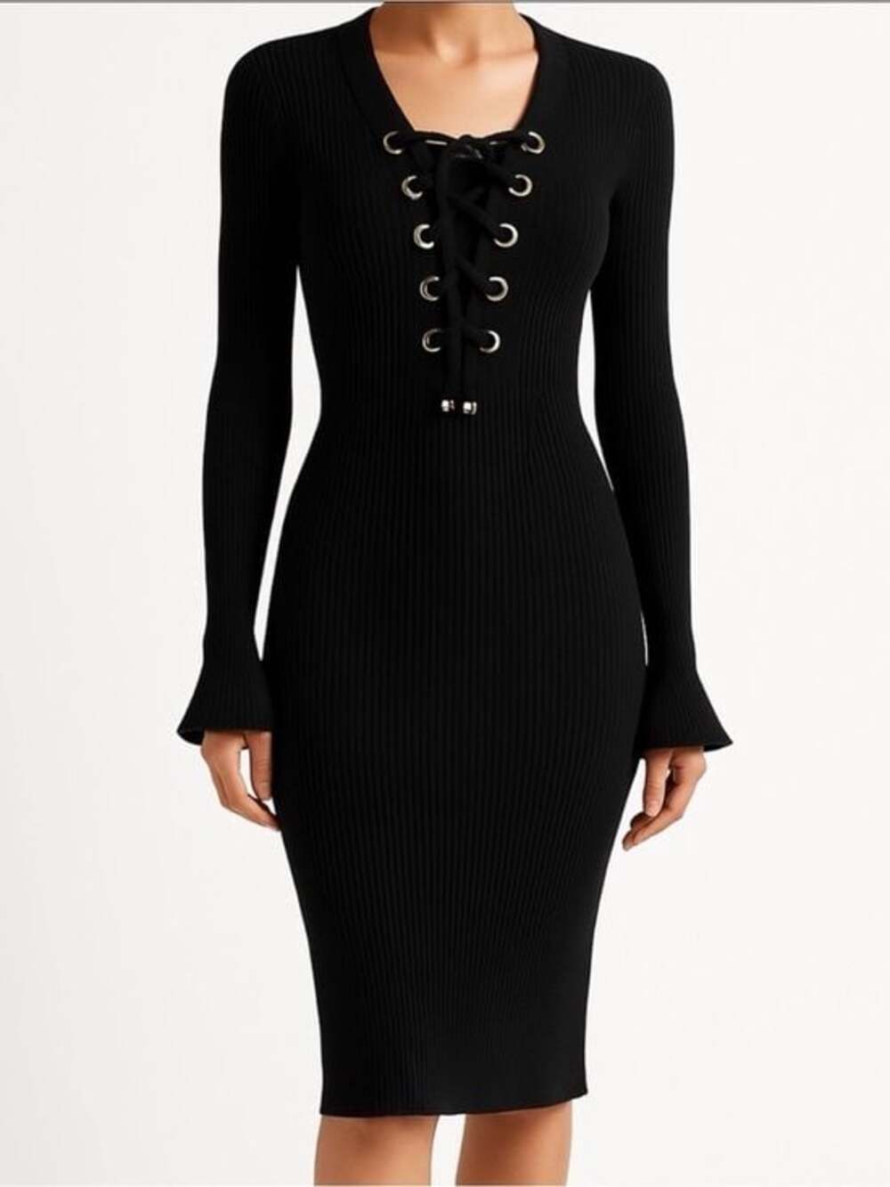 Michael Kors Black Ribbed Bodycon Dress Size S | Gold Lace-Up Detail